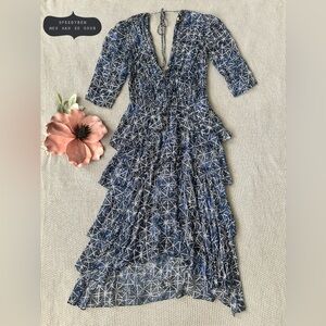 Maje Rufflani Abstract-print Ruffled Crepe Midi Dress Sz 38